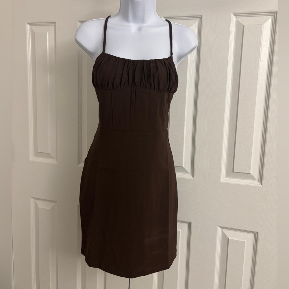 Dollskill TICTOC brown mini bodycon dress with adjustable straps and ruched bust